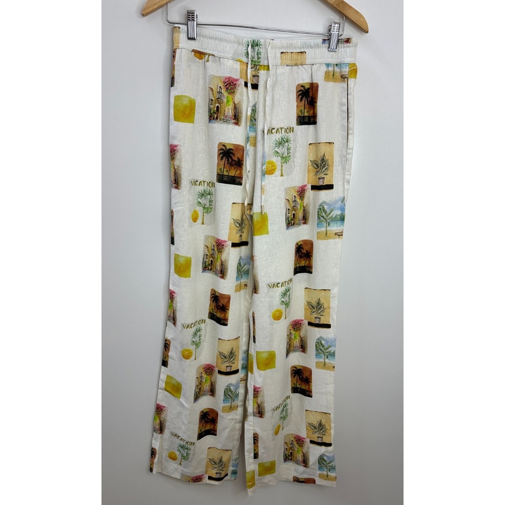 C&C California Small Linen Blend Vacation Print Wide Leg Pants Ivory Multi - Picture 13 of 13